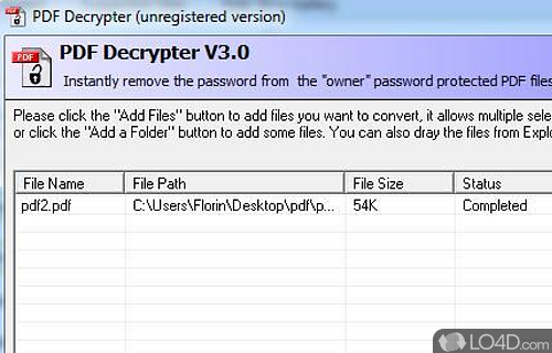 Screenshot of PDF Decrypter - Tool can be used to decrypt any password secured PDF document