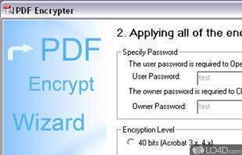 Screenshot of PDF Encrypt Tool - Piece of software that can batch-protect PDF files with both user