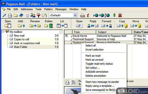 Screenshot of Pegasus Mail - E-mail client suitable for single or multiple users on single computers or on local area networks