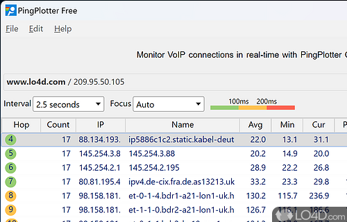 Trace the route between you and a target address, in order to diagnose latency and packet loss issues - Screenshot of PingPlotter Free