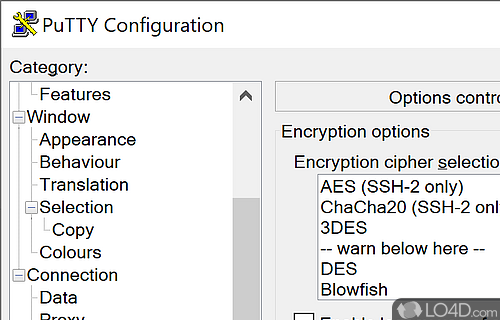 Enable different encryption tools such as AES, 3DES, Blowfish and others with the option of using legacy single-DES with SSH-2 - Screenshot of PuTTY