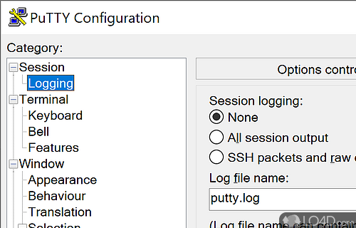 Command-line interface logging options which can be all session output or just SSH packets and raw data - Screenshot of PuTTY