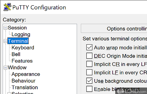 Several options available for controlling terminal emulation including auto wrap, DEC origin - Screenshot of PuTTY