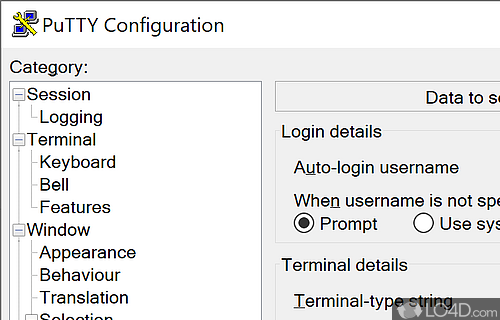 Use xterm terminal for data transfer with auto-login username and custom environment variables - Screenshot of PuTTY