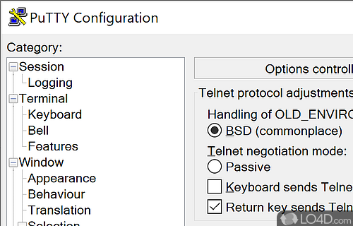 Connect to classic Telnet systems with adjustments available for BSD, RFC 1408 and active/passive negotiation modes - Screenshot of PuTTY