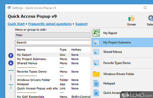 Screenshot of Quick Access Popup - Create custom shortcuts of locations, apps, folders, web links