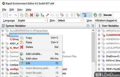 User interface - Screenshot of Rapid Environment Editor