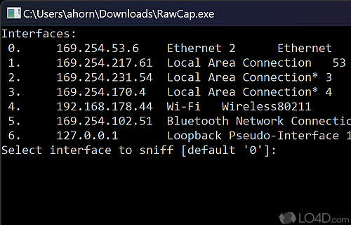 Screenshot of RawCap - Allows you to capture the network activity on the Windows platforms that use raw sockets for their connections