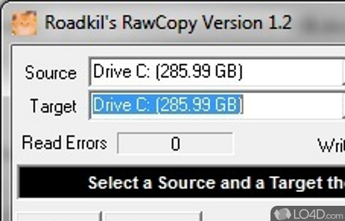 Screenshot of RawCopy - Performs sector by sector disk transfer with data recovery