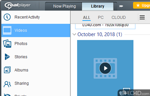 Organize media files in a dedicated Cloud storage space, play clips - Screenshot of RealPlayer