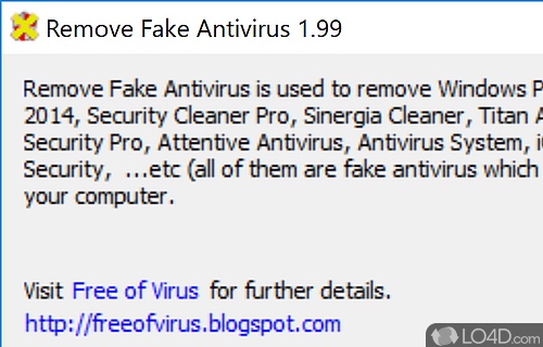 Screenshot of Remove Fake Antivirus - Small-sized, app that identifies and removes fake and dangerous antivirus products from the computer