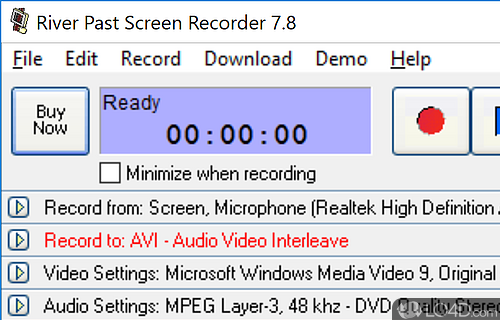 Capture screen to AVI video file with choices of video - Screenshot of River Past Screen Recorder