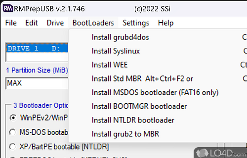 Complex program to create bootable USB drive - Screenshot of RMPrepUSB