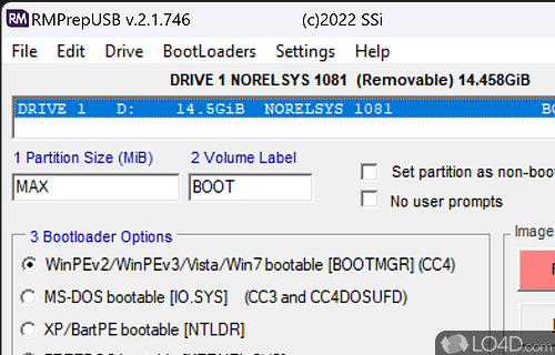 Piece of software that use to format a USB drive in order to create a bootable disk - Screenshot of RMPrepUSB