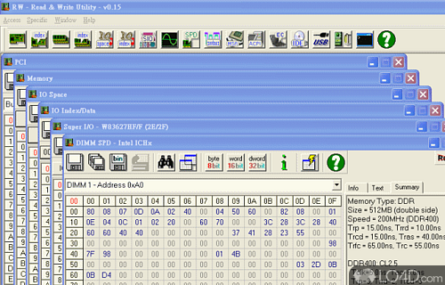 Screenshot of RW - Read & Write Utility - Software solution designed to enable you to access PCI, Memory, I/O, Super I/O, Clock, SPD, SMBus, MSR, ATA, ACPI, EC