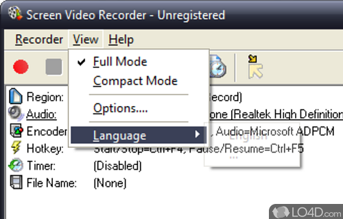 User interface - Screenshot of Screen Video Recorder