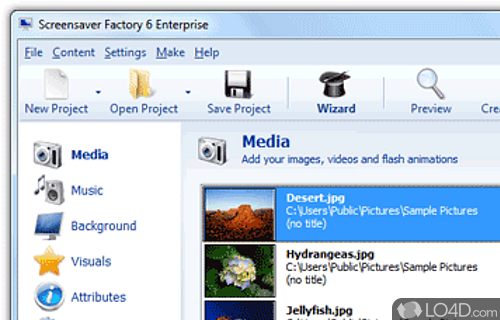 Screenshot of Screensaver Factory - Tool which can create picture, video or Flash screensavers, install them on the PC or generate self-installing files