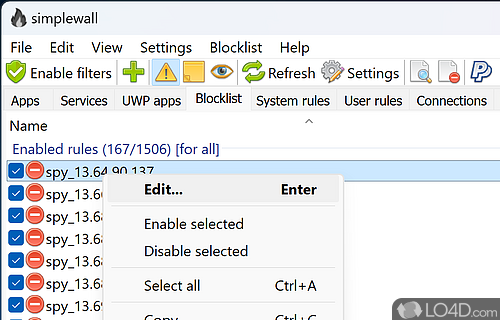 Configure your own rule set regarding network access - Screenshot of simplewall