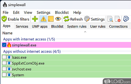 Way to configure the Windows Filtering Platform - Screenshot of simplewall