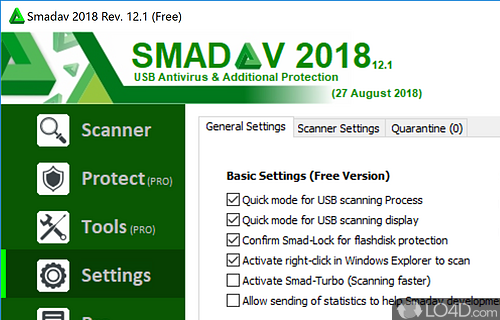 Various scanning options like USB devices, integration with the Windows shell, Smad-Turbo mode and activating a pro version - Screenshot of SmadAV
