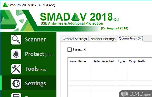 Detect and clean virus as well as managing quarantined files with the detected virus name and date - Screenshot of SmadAV