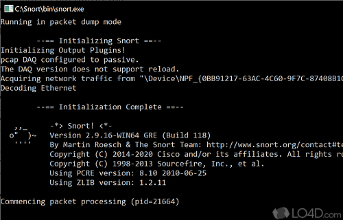 Network intrusion prevention and detection tool that can analyze traffic and sent packets in real time - Screenshot of Snort