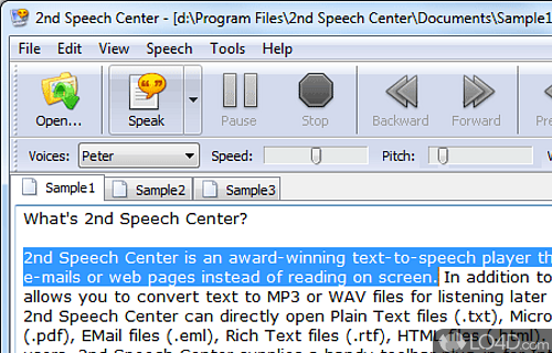 Screenshot of 2nd Speech Center - Reads any piece of text provided from commonly used text file formats