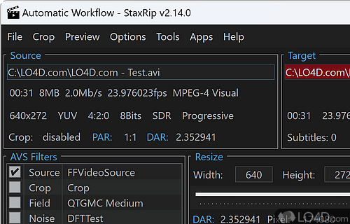 Select the output profile and customize settings - Screenshot of StaxRip