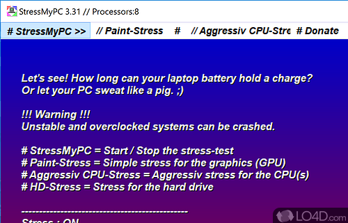 Stress for the graphics (GPU) or CPU(s) and determine how computer stands on the overall performance - Screenshot of StressMyPC