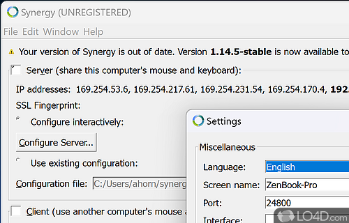 Limit the device-sharing time and configure hotkeys - Screenshot of Synergy