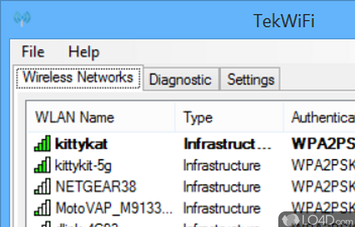 Can connect to a wireless network and run a diagnosis of it and obtain various details - Screenshot of TekWiFi
