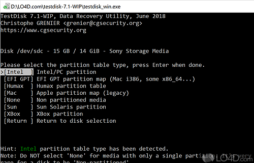 User interface - Screenshot of TestDisk 32-bit