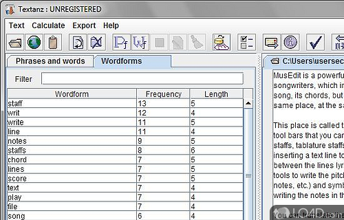 Screenshot of Textanz - Calculates frequencies of all phrases and words in any document or web-page