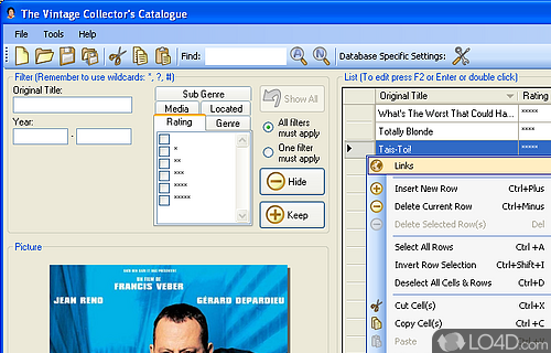 Screenshot of The Vintage Collector's Catalogue - Software app to catalog multimedia files and sort them by genre, year, location or title