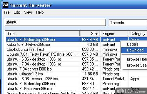 Screenshot of Torrent Harvester - Which helps you search for torrent files, filter