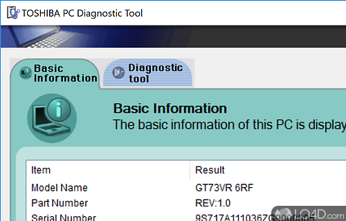 Screenshot of Toshiba PC Diagnostic Tool - Tool can display basic information concerning the hardware components in a computer