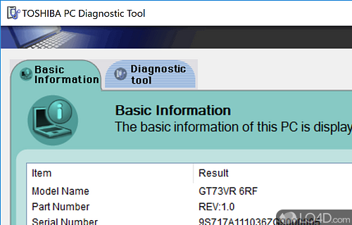 Tool can display basic information concerning the hardware components in a computer - Screenshot of Toshiba PC Diagnostic Tool