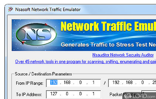 Screenshot of TrafficEmulator - Runs stress tests on servers, routers and firewalls in order to make sure that each network component is working properly