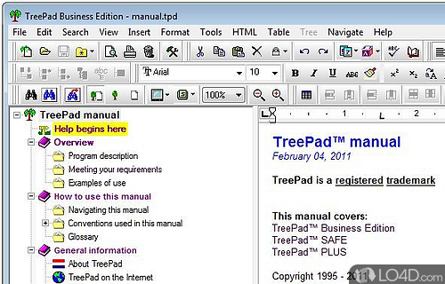 Screenshot of TreePad Business Edition - Software solution designed as a personal database, word processor, editor, Web site generator, presentation program, photo album