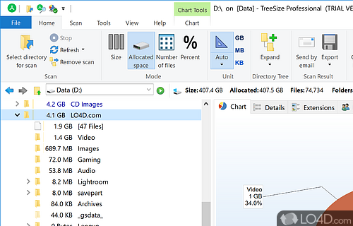Powerful and hard disk space manager that visually tracks down disk usage and removes obsolete and temporary files from system - Screenshot of TreeSize Professional