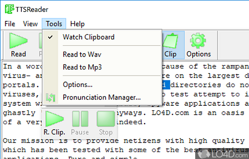 Watch the Clipboard and use playback controls - Screenshot of TTSReader