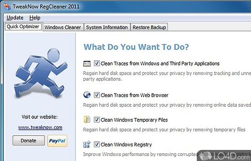 Screenshot of TweakNow RegCleaner - Choose items to scan for and remove, and create a backup