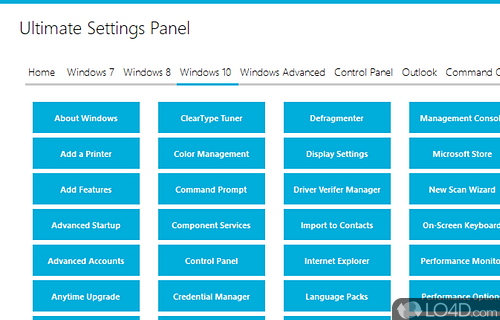 Fast access to Windows settings - Screenshot of Ultimate Settings Panel