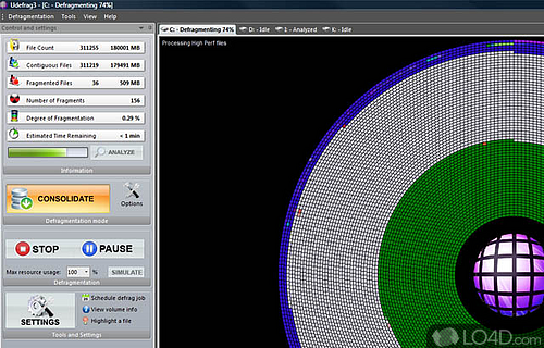 Screenshot of UltimateDefrag - Analyzes and deframents hard disk to optimize the file placement on drive and boost the performance of system