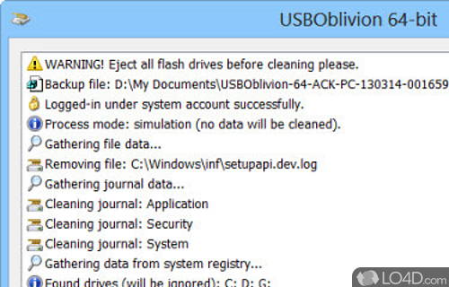 Screenshot of USBOblivion - Utility designed to erase all traces of USB drives from the Windows registry, with support for simulation mode