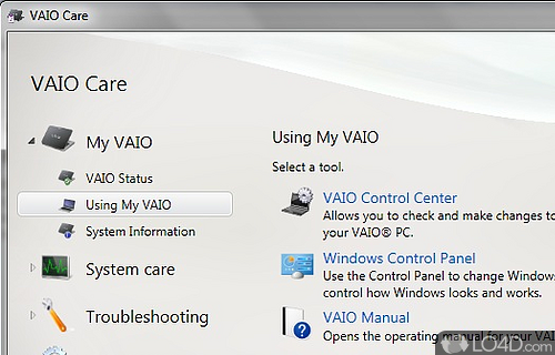 Screenshot of VAIO Care - User interface
