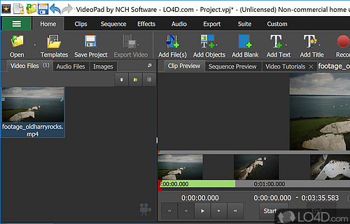 Main layout of VideoPad Editor with a timeline and options to add text, effects and transitions. - Screenshot of VideoPad Video Editor Free