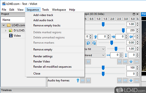 Edit the timeline and configure audio and video properties - Screenshot of Vidiot
