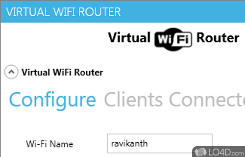 Screenshot of Virtual WiFi Router - To manage and configure tool that will enable you to transform computer into a WiFi hotspot and connect to other people
