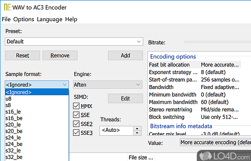Audio configuration settings - Screenshot of WAV to AC3 Encoder